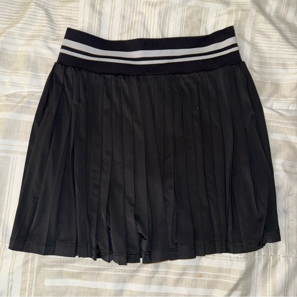 Black Pleated Mini Skirt with Striped Elastic Waistband